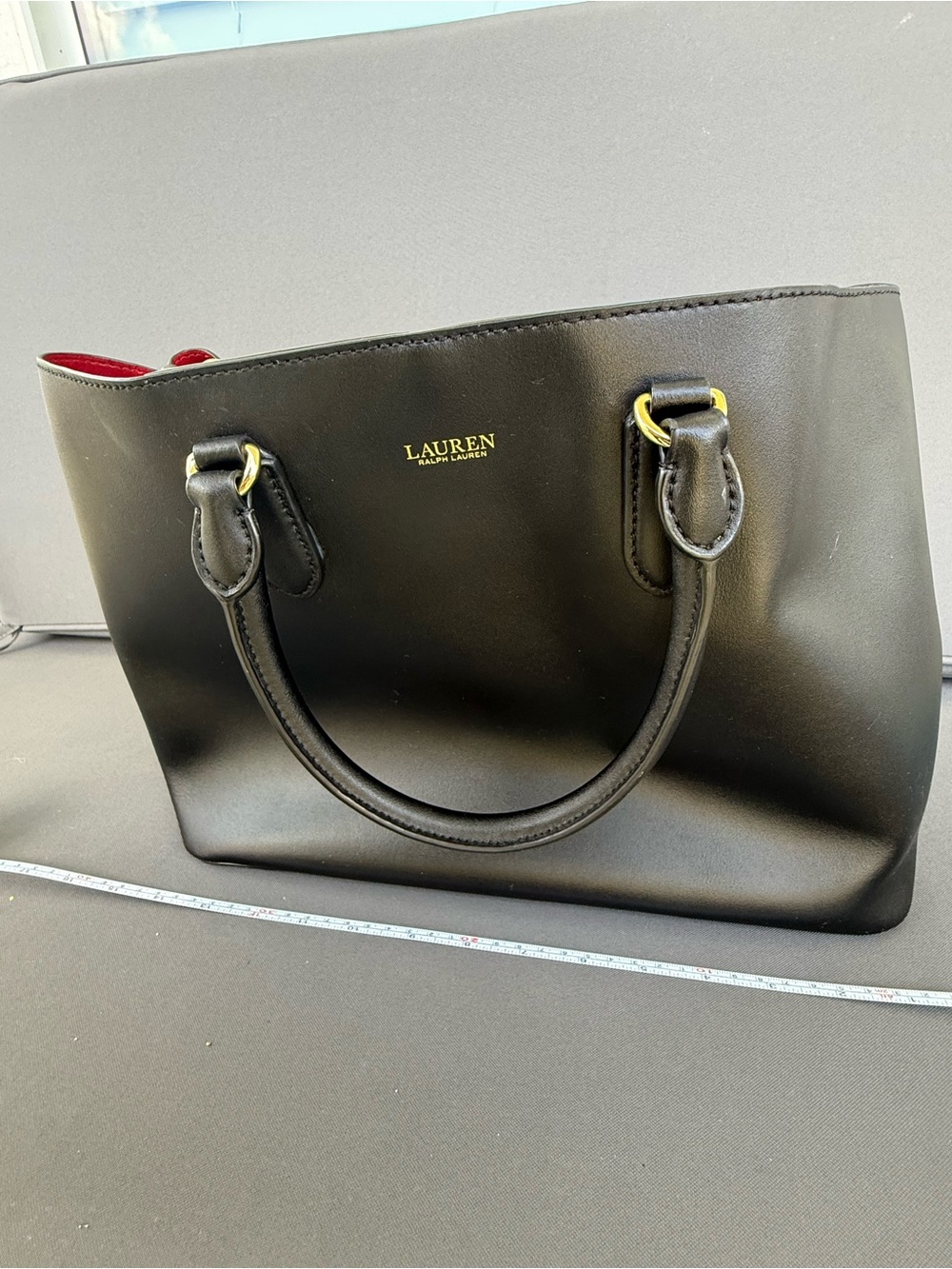 Ralph Lauren Black Leather Shoulder Tote with Red Interior Trim
